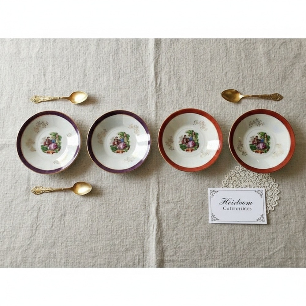 Vintage Romantic Couple Miniature Saucers Set‎ of 4 Gold Trim Porcelain